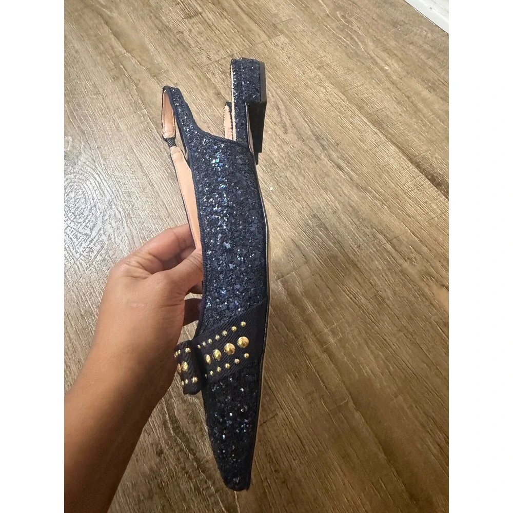 J.Crew Navy Blue Glitter Slingback Flats Studded Bow Pointed Toe Size 12